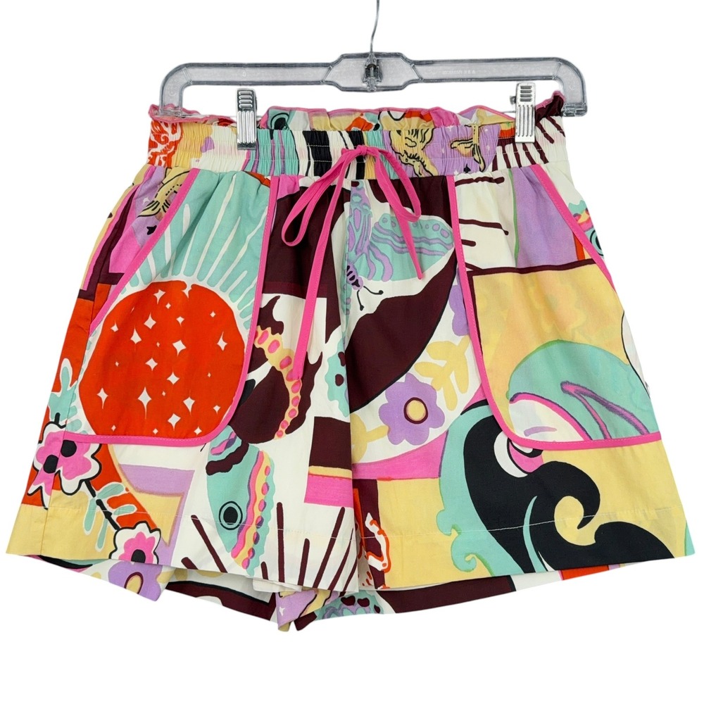 CIEBON Abstract Graphic Print Women S 100% Cotton Multicolor Paperbag Shorts